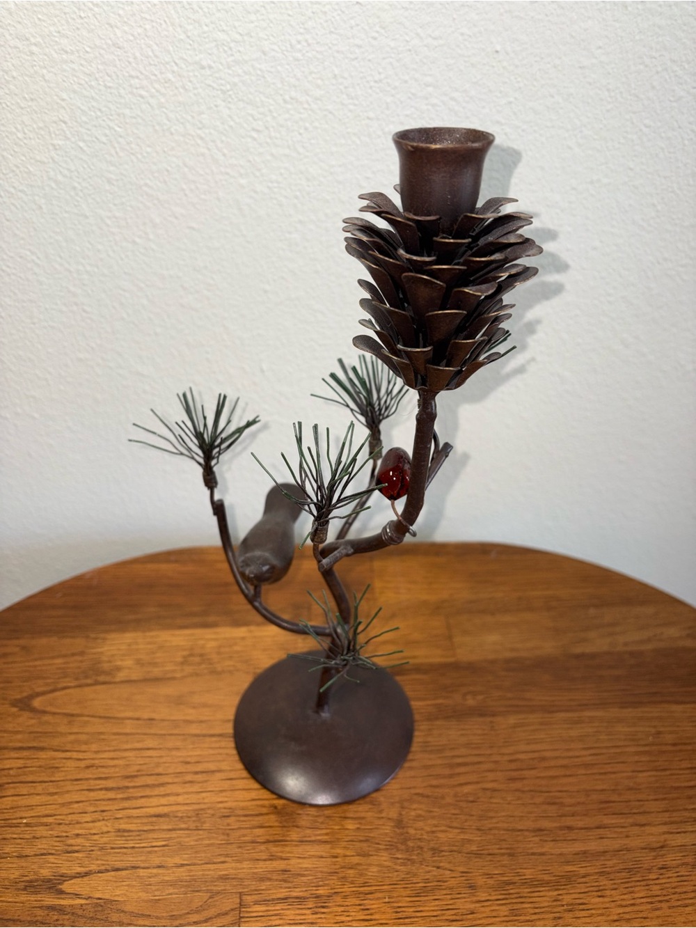 Vintage Bird and Pinecone Metal Candle Holder Rustic Charm